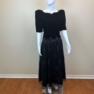 Vintage Scott McClintock Dress Velvet Bodice Tulle Lace Puff Shoulders Size 8